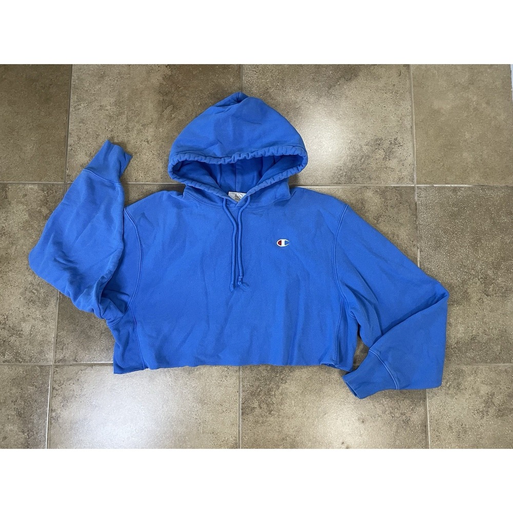 Champion Reverse Weave Women's Sz XL Cropped Pullover Hoodie Blue Oversized